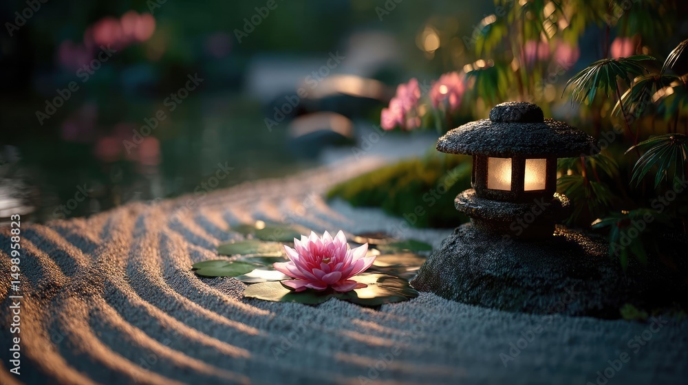 Poster raked sand patterns in tranquility with lantern and lotus concept. a serene garden scene with a lotu