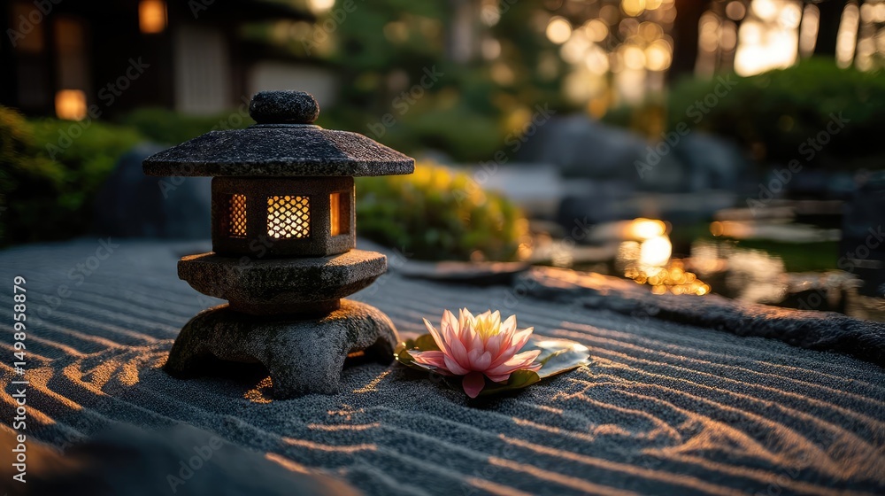 Poster raked sand patterns in tranquility with lantern and lotus concept. a serene garden scene featuring a
