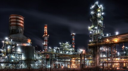 Night view of illuminated industrial chemical plant and pipeline