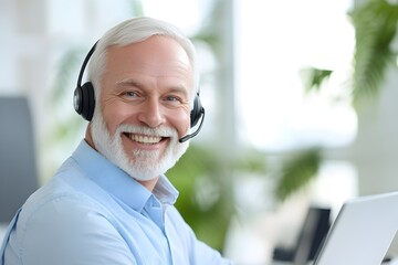 Happy senior 60s man in headphones with microphone looking at camera starting online video call conversation, communicating distantly with friends or family, older people and modern technology concept