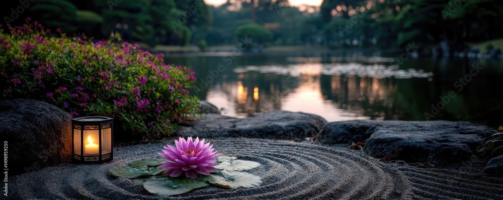 Poster raked sand patterns in tranquility with lantern and lotus concept. a tranquil lotus flower amidst a 