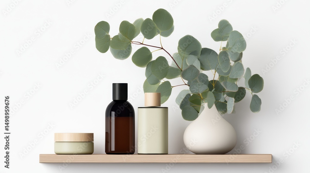 Poster modern shelf display featuring elegant containers and fresh eucalyptus leaves in a minimalist settin