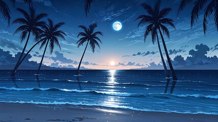 Obraz premium Serene nighttime beach scene with palm trees and moon
