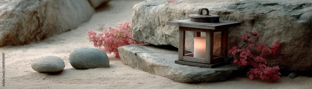Poster tea pavilion with minimalism and rock by lantern concept. a serene lantern on rocks, illuminating a 