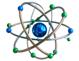 A circular, three-dimensional model of an atom with the interiors filled in blue and green isolated on a transparent background