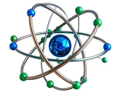 A circular, three-dimensional model of an atom with the interiors filled in blue and green isolated on a transparent background