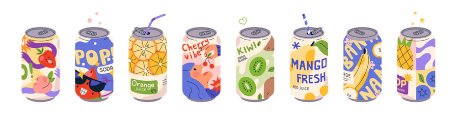 Set of soft drinks in tin cans. Metal bottles of soda with fruit, berry flavours. Aluminum containers of sparkling water. Packages of refreshing beverages. Flat isolated vector illustrations on white © Paper Trident