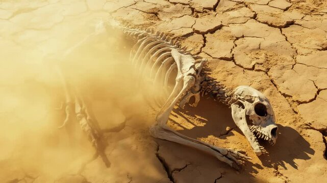 Desolate skeleton covered by winddriven sand in arid desert landscape