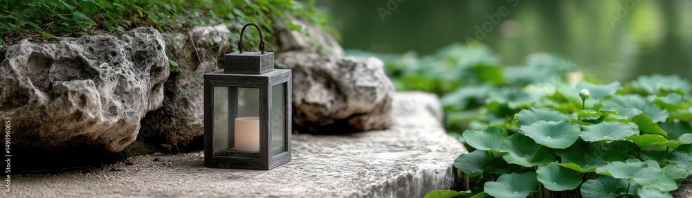 Poster tea pavilion with minimalism and rock by lantern concept. a serene lantern placed beside lush greene