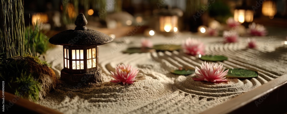 Poster raked sand patterns in tranquility with lantern and lotus concept. tranquil sand garden with lantern