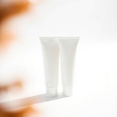 Two white tubes,  a product display on white background, subtle orange bokeh