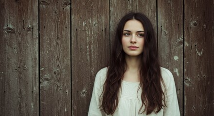 Fototapeta premium Young woman standing against weathered wooden planks
