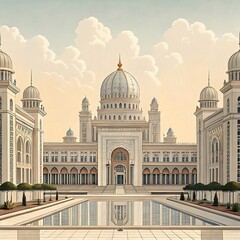 Taj Mahal, a magnificent architectural landmark in Agra, India, with its iconic dome and towering minarets, evokes the grandeur of European cathedrals and basilicas under a clear sky