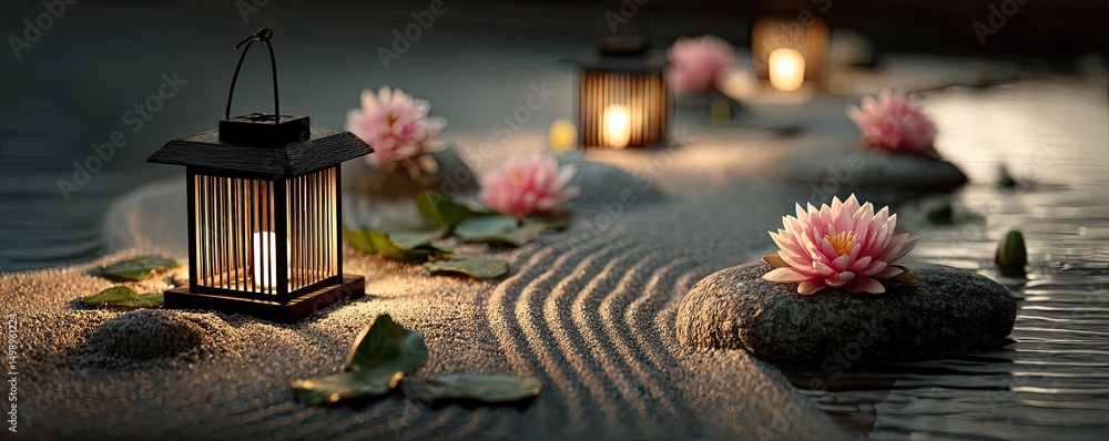Poster Raked sand patterns in tranquility with lantern and lotus concept. Serene ambiance with lanterns and water lilies on sandy shore.