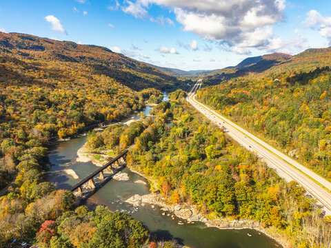 Aerial view of Interstate 89 and Winooski River in Vermont during autumn