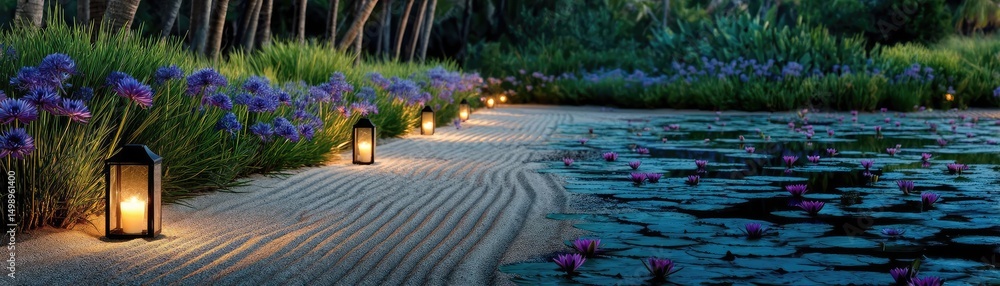 Poster Raked sand patterns in tranquility with lantern and lotus concept. A tranquil pathway adorned with lanterns beside a serene pond.