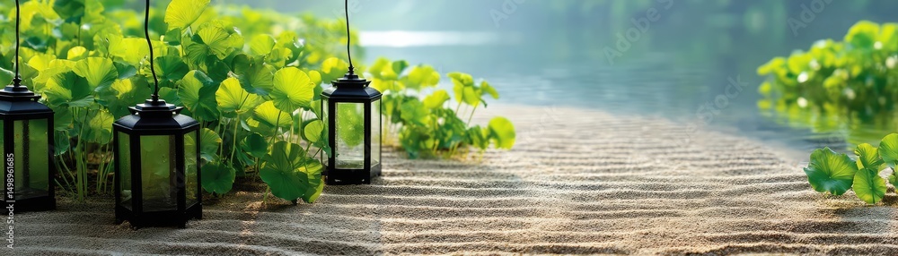 Poster Raked sand patterns in tranquility with lantern and lotus concept. Tranquil path beside a serene lake illuminated by lanterns.