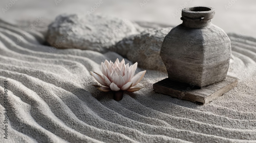 Aufkleber raked sand patterns in tranquility with lantern and lotus concept. a serene arrangement of stones, a