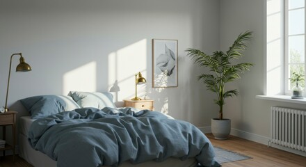 A serene bedroom bathed in sunlight, featuring a bed with blue linens, artwork, and potted plant