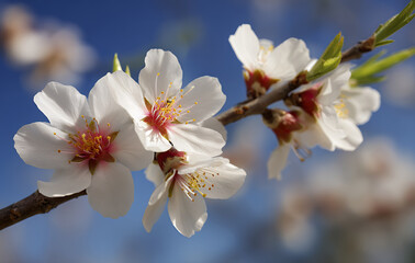 Delicate white almond flowers bloom against backdrop of blue sky, embodying serene and hopeful atmosphere