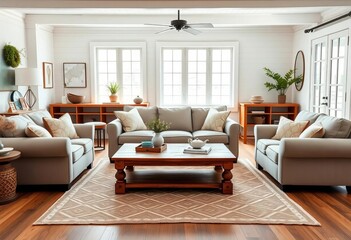Linen sofa, reclaimed wood coffee table, oversized armchairs in a bright modern farmhouse living room with rustic decor, wood accents,  rug