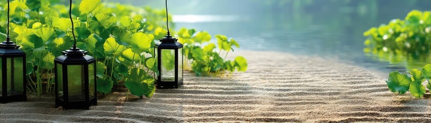 Naklejka premium Raked sand patterns in tranquility with lantern and lotus concept. Tranquil path beside a serene lake illuminated by lanterns.