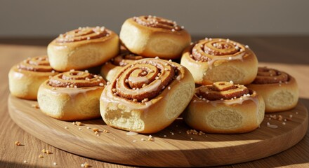 Stack of cinnamon rolls on wooden board