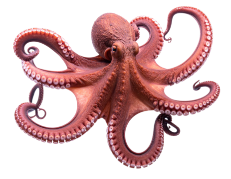 A National Geographic-style photograph of an octopus swimming in the ocean and posing for the camera isolated on a transparent background