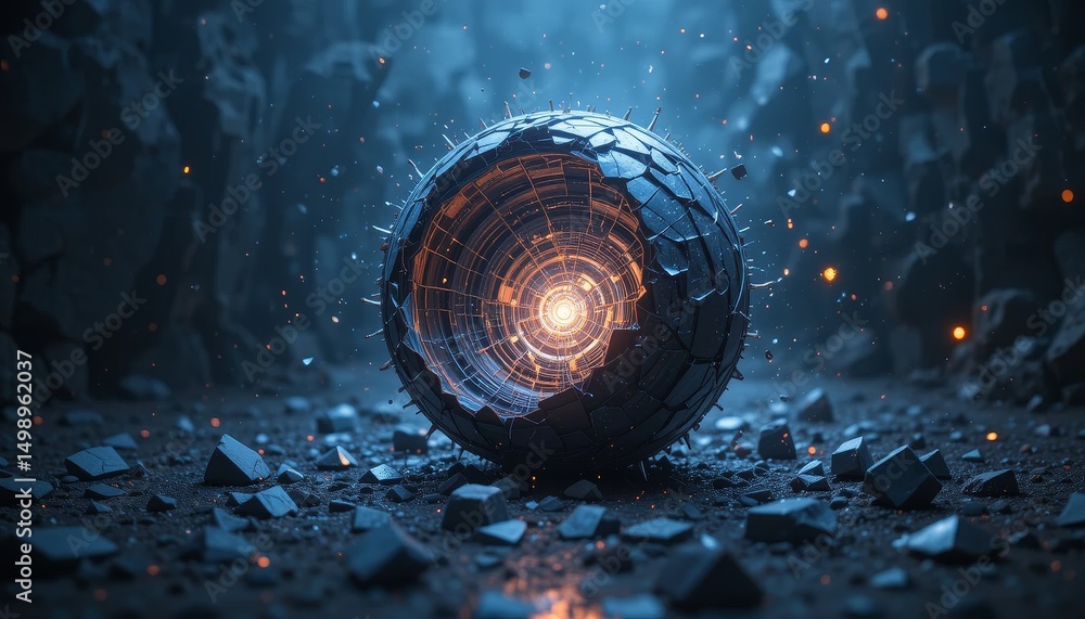 Aufkleber exploring futuristic energy sphere abandoned cave 3d render dark environment close-up conceptual vis