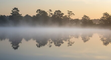 Fototapeta premium Misty sunrise over a still lake. Trees reflected perfectly in calm water