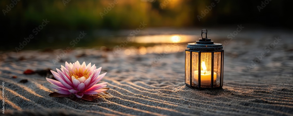 Poster Raked sand patterns in tranquility with lantern and lotus concept. A serene scene with a glowing lantern beside a water lily.
