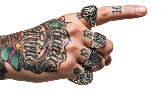 Tattooed Hand with Multiple Rings Pointing