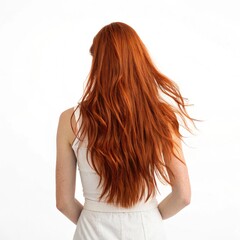 Fototapeta premium Back view of a woman with very long red hair wearing a white sleeveless top