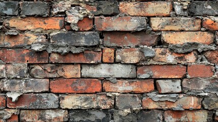 Fototapeta premium Textured Red and Gray Brick Wall with Peeling and Crumbling Surface