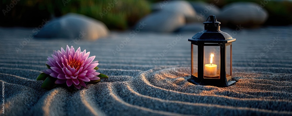 Poster Raked sand patterns in tranquility with lantern and lotus concept. A serene scene featuring a candle lantern and a lotus flower.