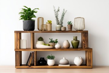 Rustic Wooden Shelf with Potted Plants and Vases, Minimalist Home Decor
