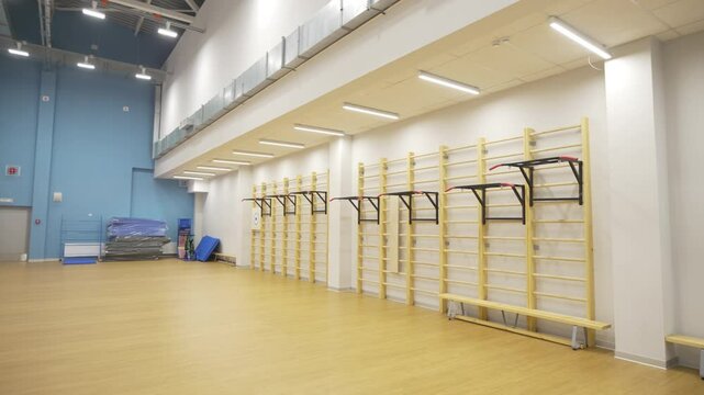 High-ceiling gym with wall bars and colorful mural near entrance. Spacious area provides room for physical activity during PE lessons