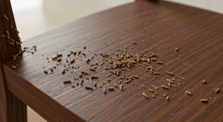 Close-up of wood fragments scattered on a wooden shelf. Surface details and natural wood grains are visible