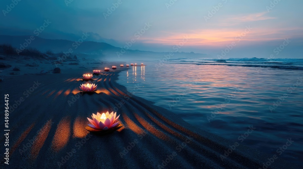 Poster raked sand patterns in tranquility with lantern and lotus concept. serene twilight scene of water li