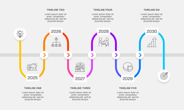 Colorful line infographic with waves moving forward. Timeline, Plan, Milestone and Presentation. Vector illustration.