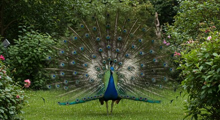 Colorful Peacock with Open Wings Standing on Grass