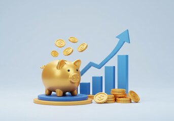 3D Illustration of Golden piggy bank with coins and rising graph isolated on white background