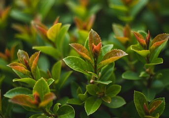 Vibrant Green and Red Leaves, Nature Close-Up, Plant Details, Fresh Foliage, Botanical Beauty.