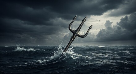 Dramatic trident emerges from stormy sea under ominous sky showcasing power and mythology