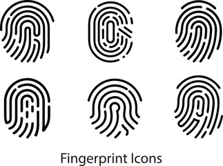 Collection of 6 Unique Fingerprint Icons. Black Vector Biometric ID Patterns for Digital Security, Forensic Design, and Authentication Use