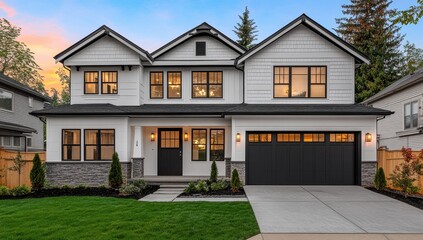 Two-story farmhouse, white siding, black trim, and garage doors; landscaped lawn, dusk lighting