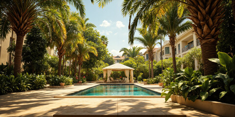 Swimming Pool Palm Trees Gazebo Luxury poolside with gazebo and palm trees in tropical setting