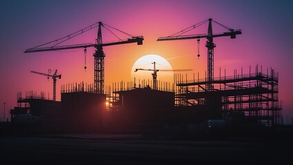 Construction site silhouette at sunset with multiple cranes