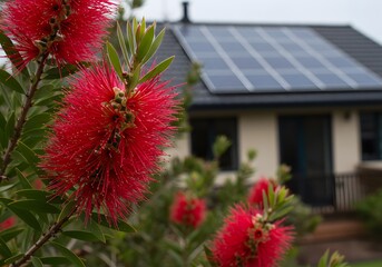 Red Bottlebrush Flowers and Solar Panels on a House Sustainable Energy and Nature Blend.