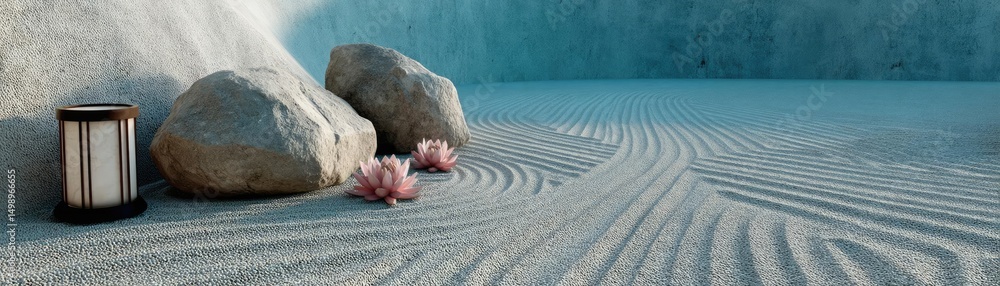 Poster Raked sand patterns in tranquility with lantern and lotus concept. A serene setting with rocks and a lantern on raked sand.